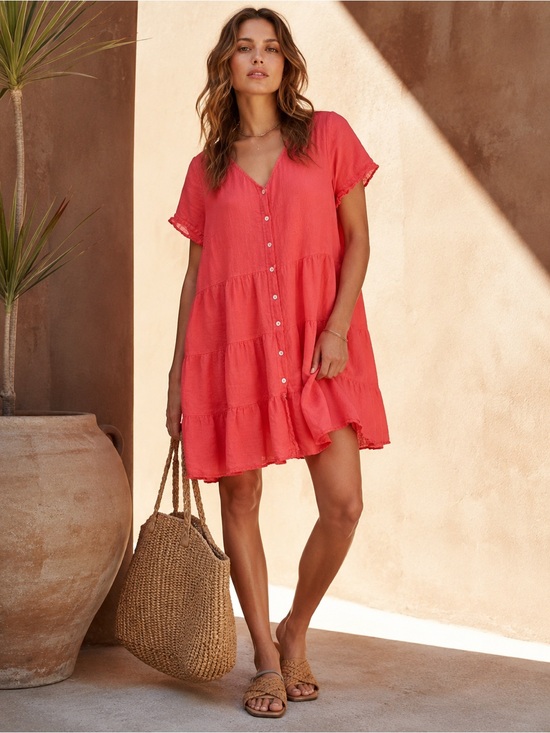 Carre Noir Dresses & Skirts - SOLD Carré Noir Italy 100% Linen Tiered Tunic Dress | Coral Button Front | XL